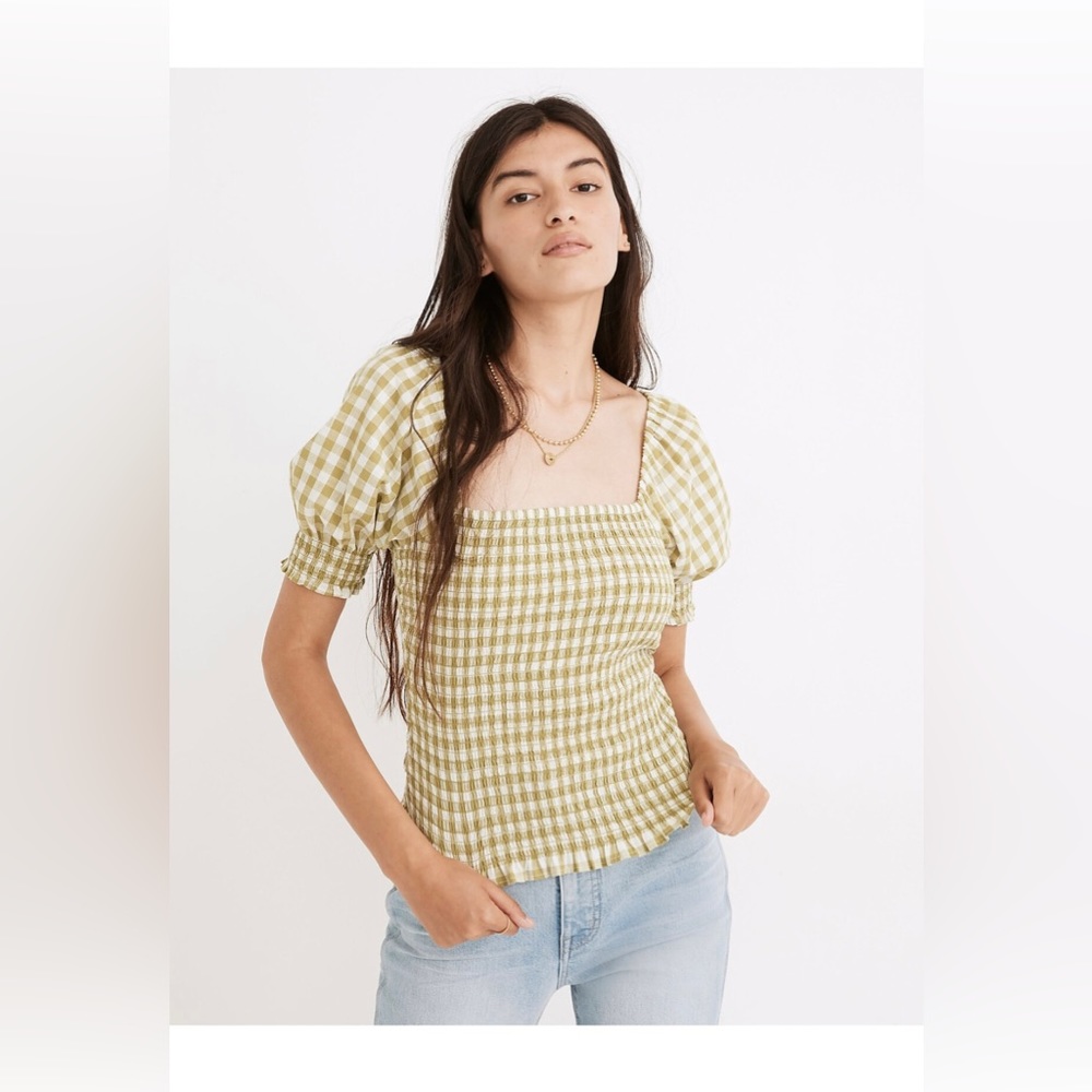 MADEWELL Lucie Puff-Sleeve Smocked Bodice Top in Gingham Check - Crisp Lime
